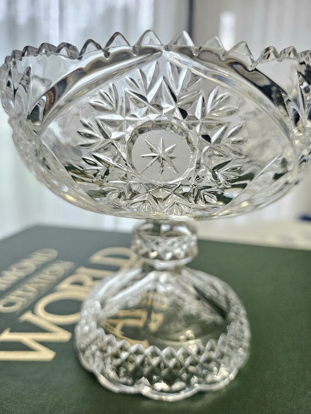 VINTAGE Pressed Crystal Glass Pedestal Candy Dish Sawtooth Rim Compote Bowl